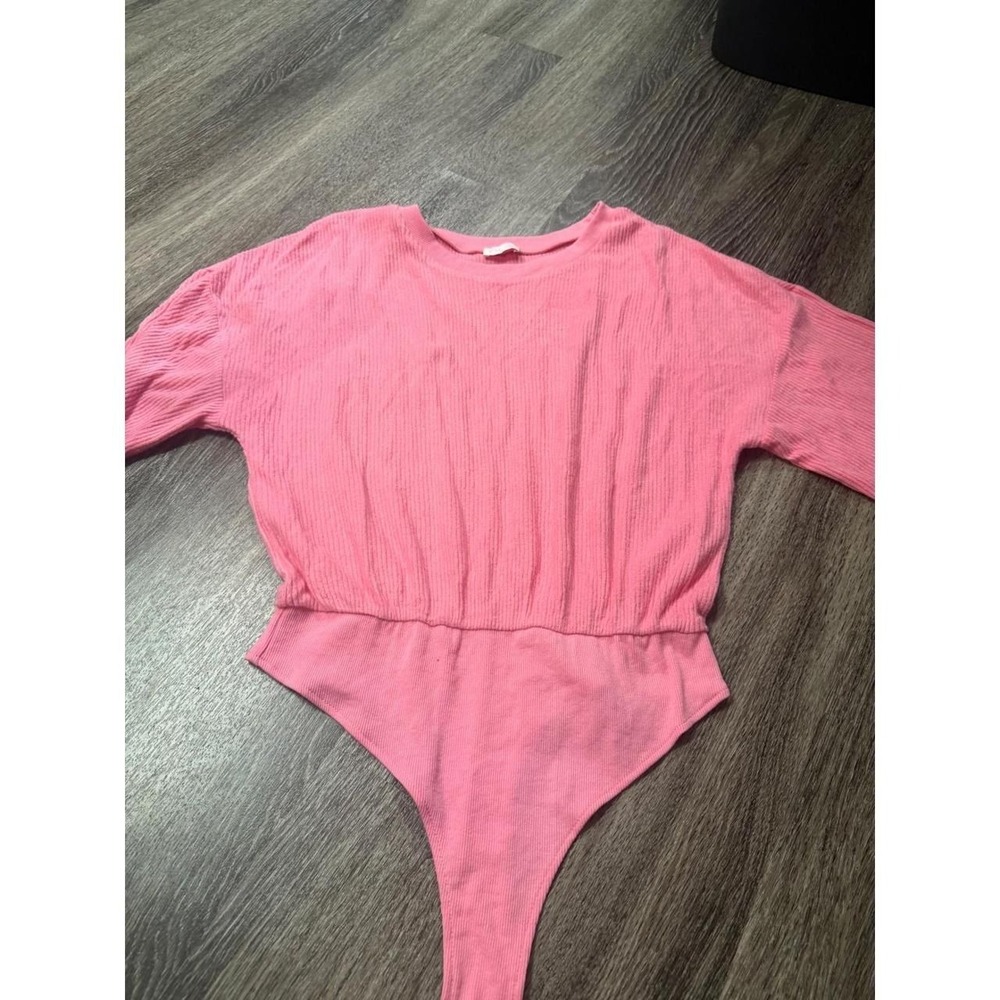 Pink Lily Ribbed Knit Short Sleeve Bodysuit Pink Crew Neck Medium